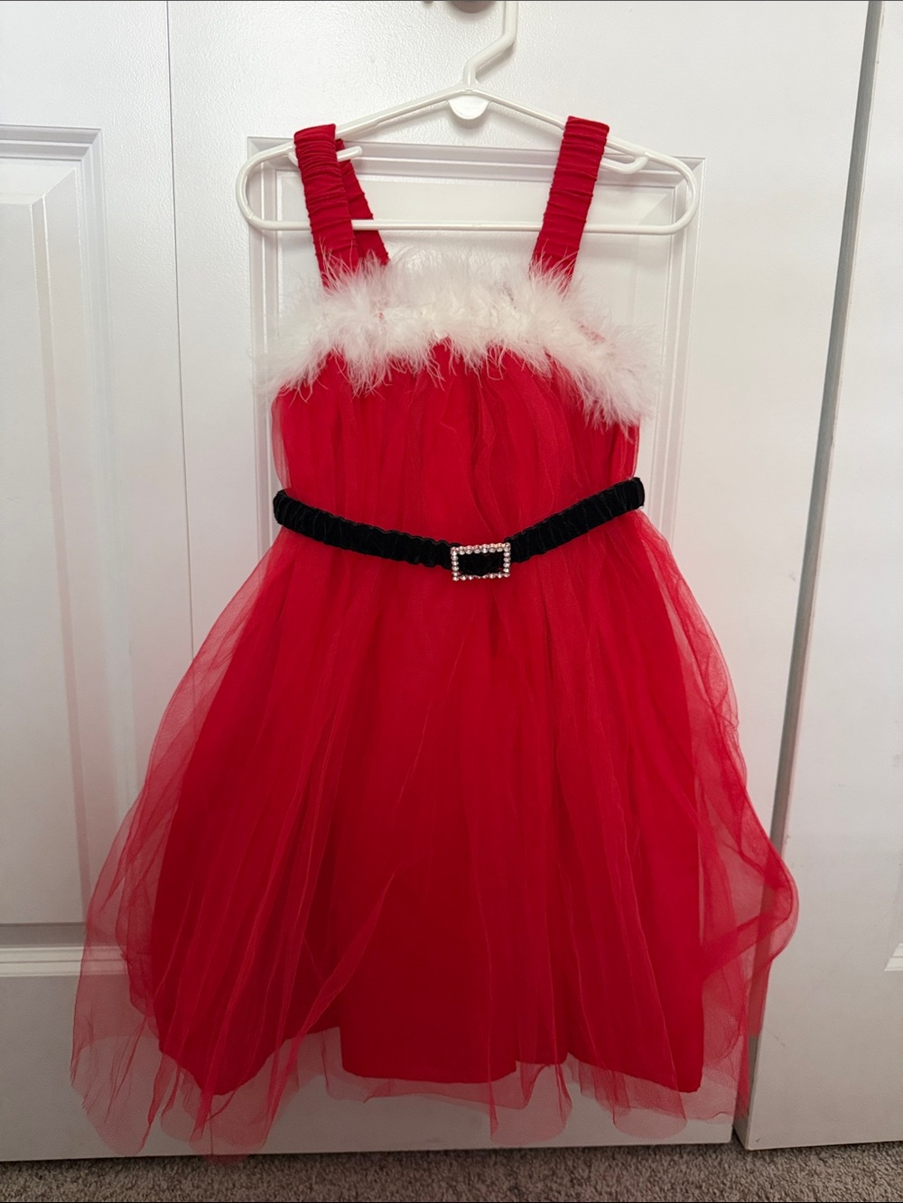 Mud Pie Red Tulle Santa Party Dress with White Faux Feather Trim and belt